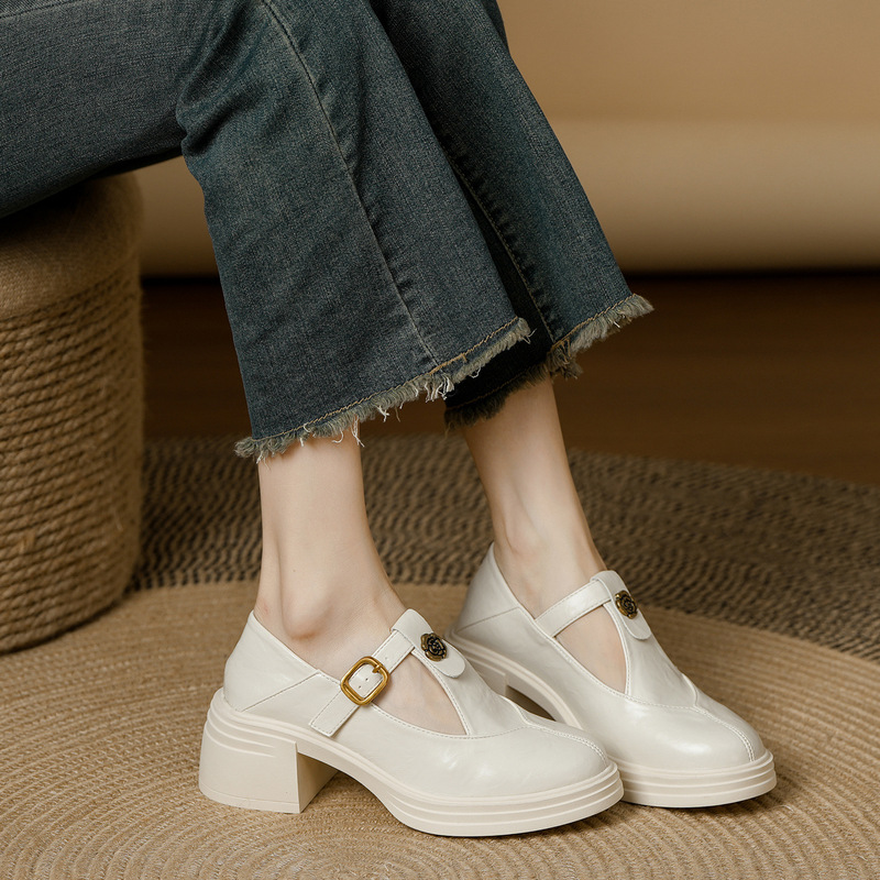 Camellia Genuine Leather Retro Mary Jane T-Shaped Shoes Thick-Soled Loafers High-Heeled Small Leather Shoes Are Versatile and Comfortable