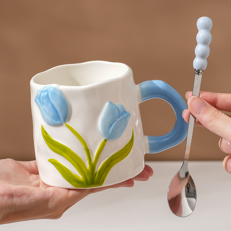 Taza de Tulipanes de alto valor, taza de cerámica esmaltada, regalo del Día del Maestro, taza de agua doméstica para niñas