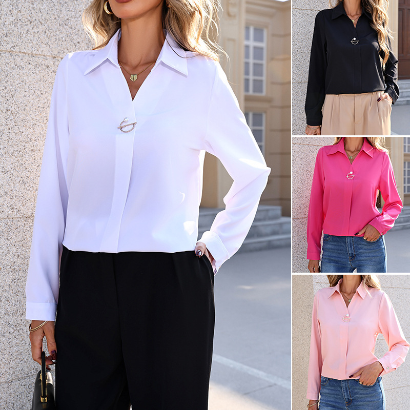 New European and American Style White Long-Sleeve Shirt for Women, Versatile and Fashionable, Elegant Amazon Export Solid Color V-Neck Women's Top