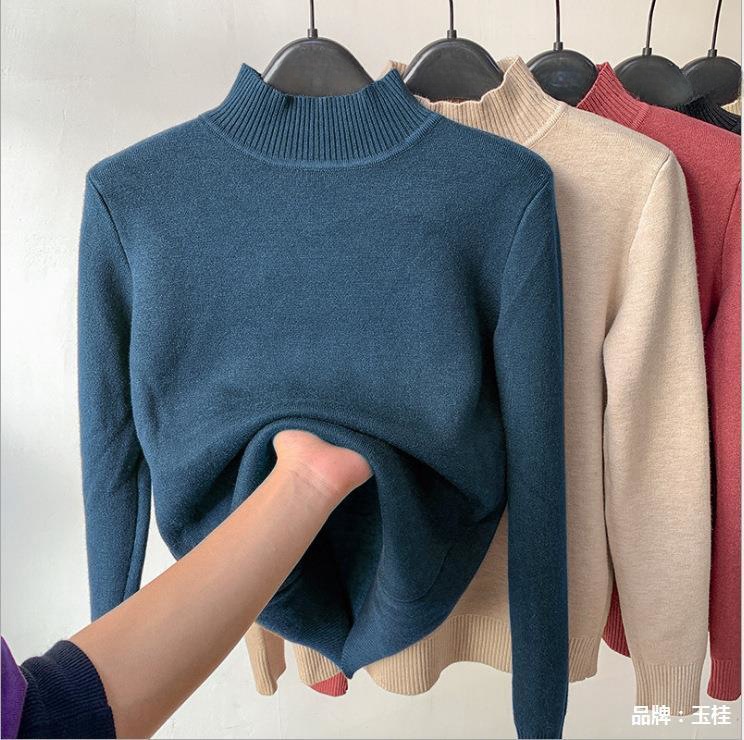 Medio cuello alto suéter forrado de lana camisa de fondo para las mujeres 2022 nuevo Otoño e Invierno de una sola pieza engrosada cálido slim fit interior de punto image 5