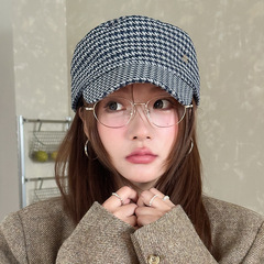 韩系复古千鸟格平顶贝雷帽女春秋季休闲显脸小马术帽英伦风海军帽