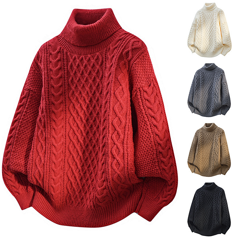 Cross-Border Red Turtleneck Sweater for Men, Autumn and Winter, Lazy Style, Chunky Cable Knit Sweater, Christmas Cross-Border