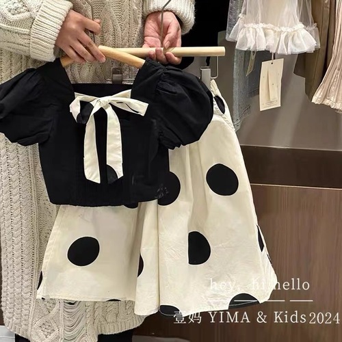 Fashionable Set for Girls - Summer 2025, Bohemian Audrey Hepburn Style, Bubble Sleeve Top and Polka Dot Skirt Pants Two-Piece Set