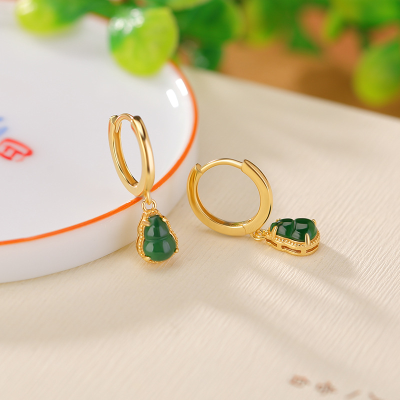 Bông tai bầu Fulu bạc S925 mạ vàng đính ngọc bích phong cách retro cao cấp — Một cặp