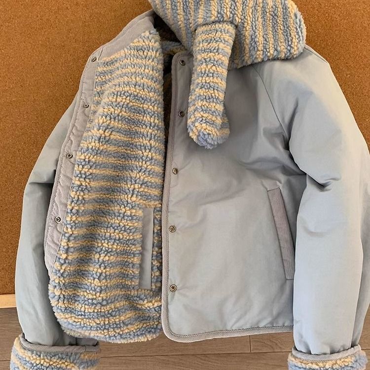 韩系休闲棉服两面穿外套女短款配围巾冬季新款小众宽松圆领加厚