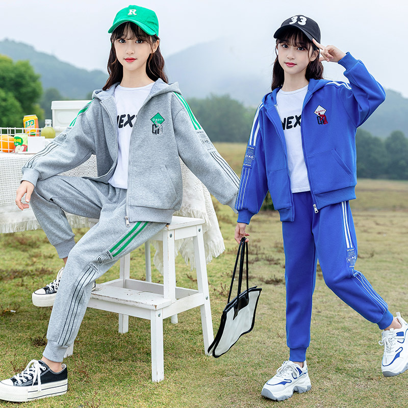New Korean style girls' autumn outfit set, stylish cardigan two-piece set for medium and large girls, popular with online influencers.