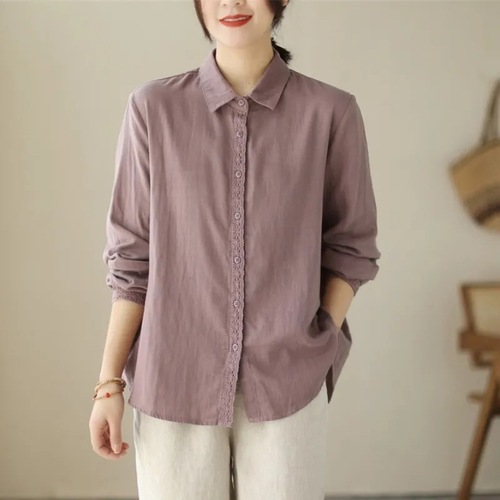 2025 Spring Design Focused Niche Cotton Linen Women's Lace Splicing Plain Color Loose Long Sleeve Cardigan