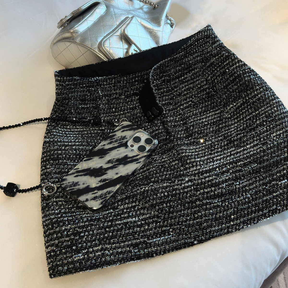 南油高货早秋新款重工软亮片高腰显瘦A字半身裙亮闪闪短裙裙裤女