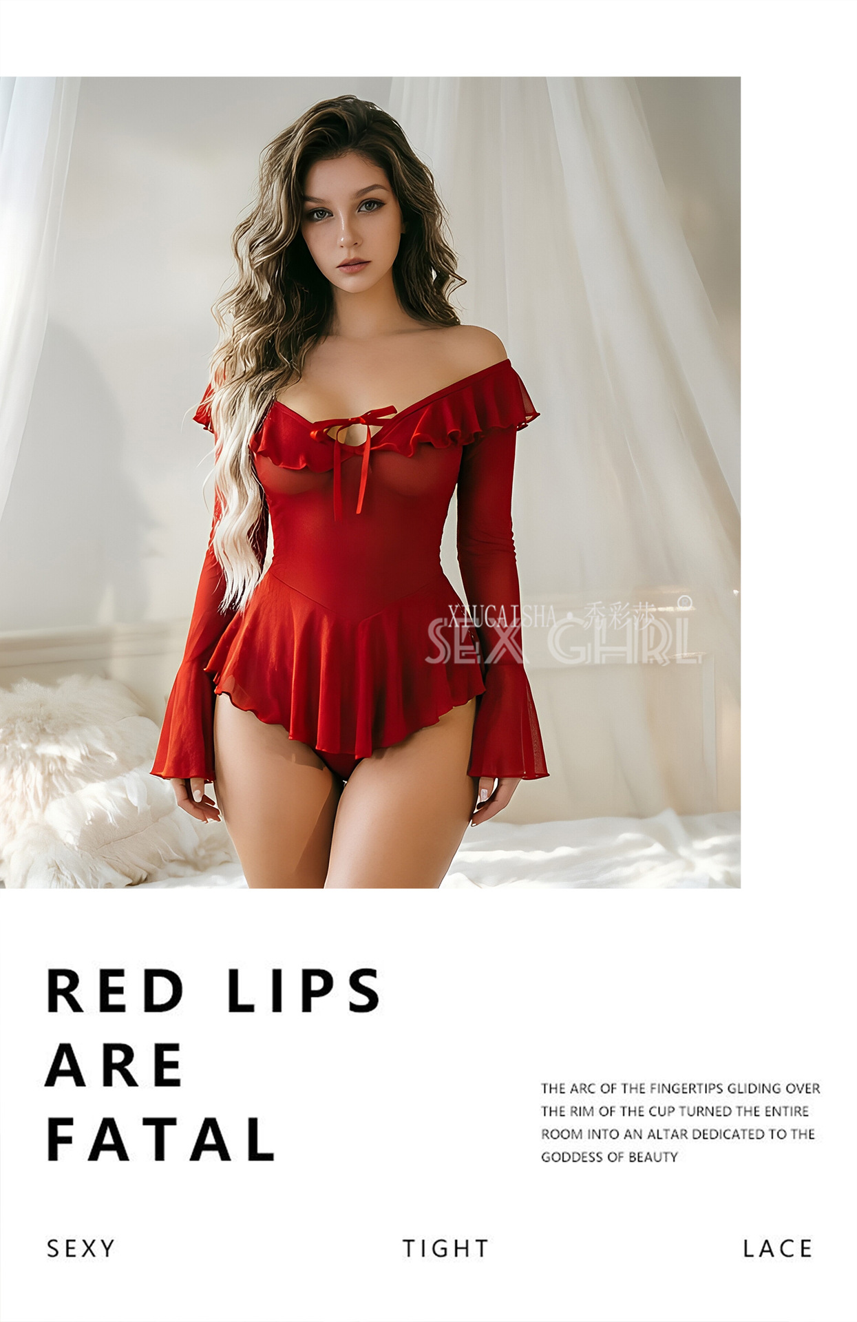Off-Shoulder Bell-Sleeve Babydoll Lingerie Dress, Pink Mesh, XXL — detail image 11
