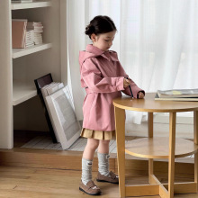 25棉抗皱中长款儿童亲子外套欧美风有帽可拆腰带纯色洋气女童风衣