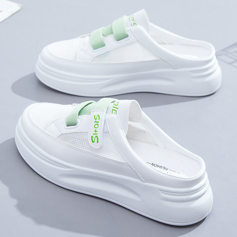 Semi-pantuflas zapatos de mujer 2025 verano nuevo estilo de malla única transpirable zapatos de red sandalias de todo fósforo ropa exterior pequeña sección delgada blanca