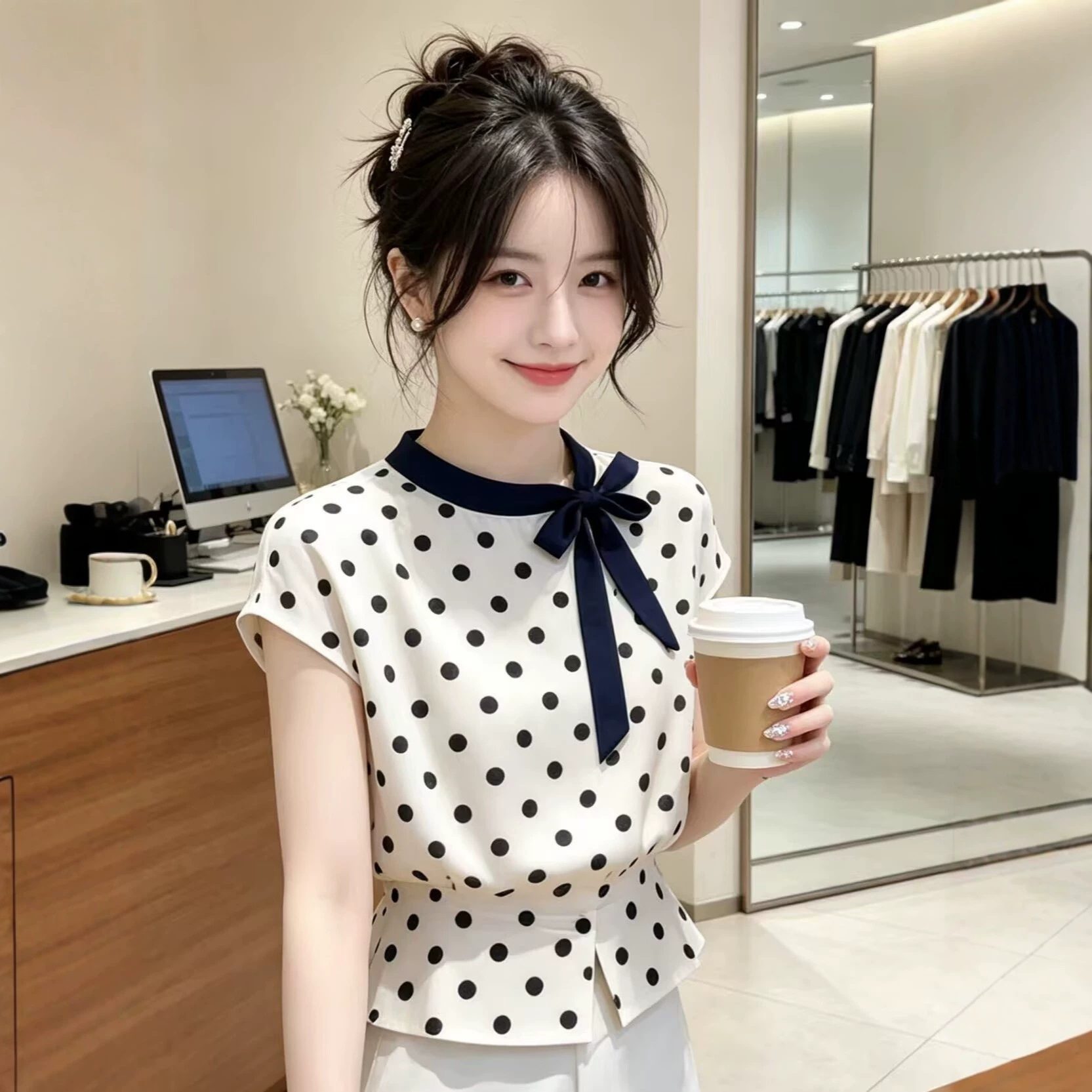 Áo thun nữ tay ngắn cổ tròn họa tiết chấm bi nơ bướm — màu trắng chi tiết 4