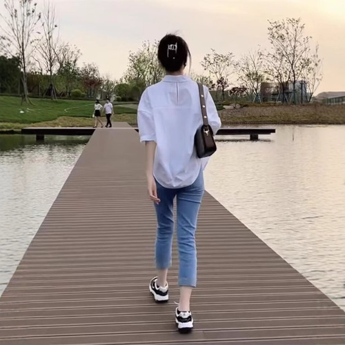 Women's Short Sleeve Thin White Shirt Sun Protection Top Summer Clothing Loose Slimming Cotton Collar Shirt Casual Small Tunic