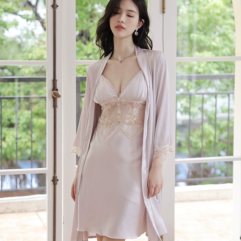 Индивидуальный заказ: Новинка сезона Весна/Лето 2024 – Комплект из двух предметов: ночная сорочка с подушечками для груди и бретелями, женская домашняя одежда, сатиновая сексуальная пижама