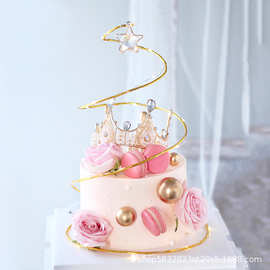 烘培蛋糕装饰金银色系水晶星星圈圈许愿树装扮摆件唯美铁丝螺旋树