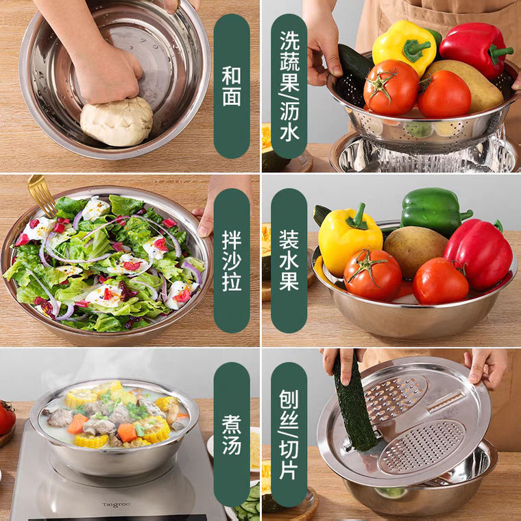 Acero inoxidable y lavabo, lavabo cepillado, juego de tres piezas, canasta de drenaje doméstica, lavabo de verduras, canasta de drenaje, tanque de condimentos de lado pequeño, olla de sopa