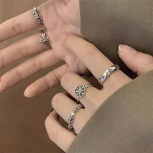 暗黑复古做旧小众个性镂空五角星古银色戒指女开口可调节指环