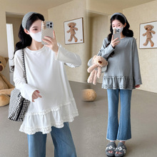现货2025秋季孕妇圆领T恤休闲甜美宽松T恤拼接木耳边孕妇娃娃衫