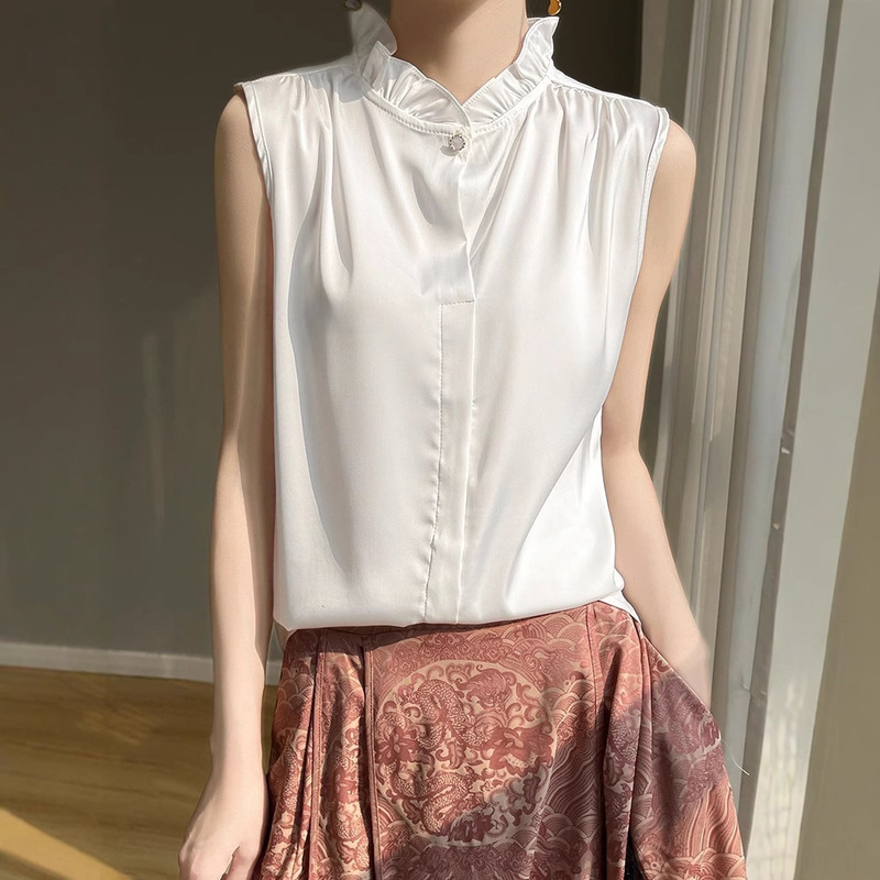 Elegant Ruffled Collar Sleeveless Solid Color Single-Button Satin Commuter Spring/Summer Blouse for Women, Loose Chiffon Top with Ruffled Edges