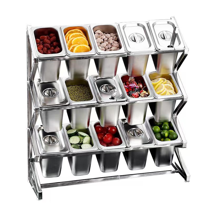 Porciones de acero inoxidable bandeja de mermelada caja de té de leche tienda de té de leche caja de condimento de fracción estante de caja comercial