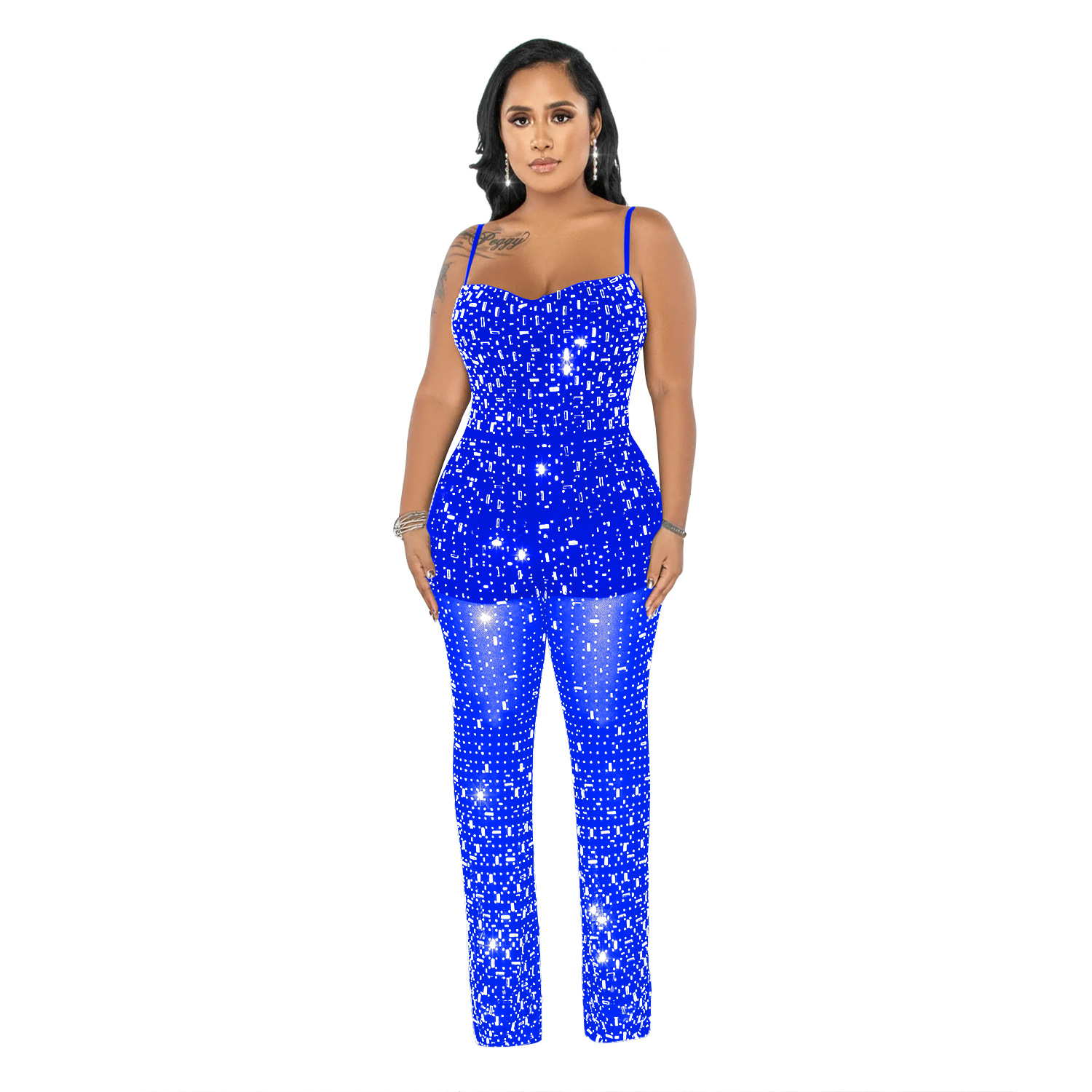 C6556 transfronterizo AliExpress Amazon moda europea y americana ropa de mujer rhinestone malla correa sin mangas pantalones mono image 8
