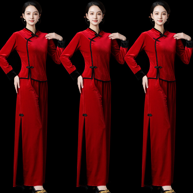 Autumn and Winter Square Dance Clothing New Set Gold Velvet Thickeneded Long-Sleeved Tops Long Pants Team Performance Dance Clothing