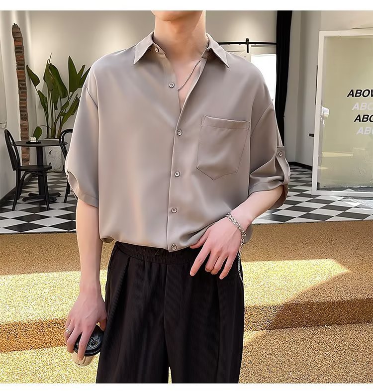 Camisa de manga corta suelta sin planchar estilo coreano de verano Camisa de manga corta suelta estilo retro de Hong Kong camisa verde oscuro de media manga para hombres