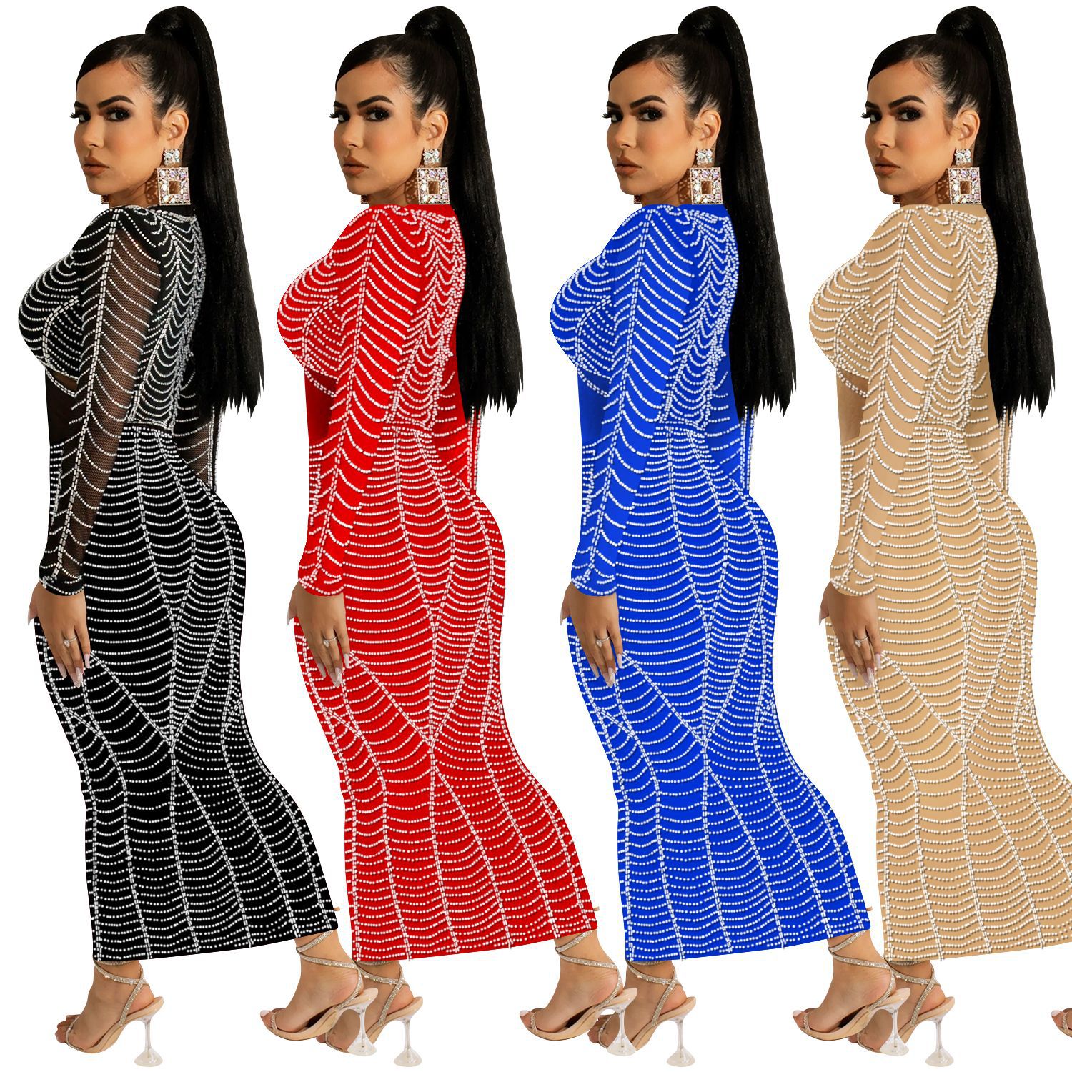 C5912 AliExpress Amazon Europa y América sexy discoteca rhinestone malla perspectiva V-cuello Vestido de manga larga vestido mujeres