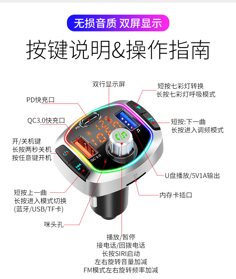 M32PD car player, car MP3 player, Bluetooth hands-free FM transmitter, card slot, PD fast charging for cars