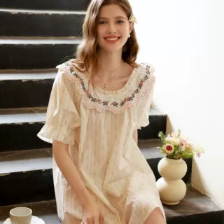 甜美公主风睡裙女夏季宽松大码家居服可外穿高级感短袖纯棉睡衣