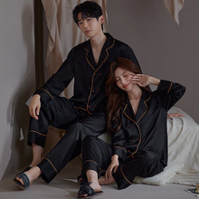 新款男女士春夏秋情侣冰雪丝绸双排扣木扣睡衣家居服套装直播现货