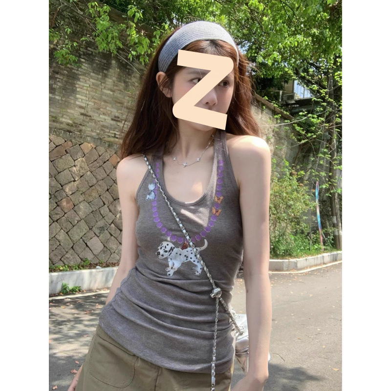 辣妹小狗印花挂脖吊带背心女夏季美式U领修身显瘦百搭外穿上衣ins