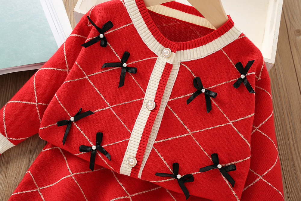 Mädchen Pullover Set 2023 Herbst/Winter Neue Modische Kleine Mädchen Bogen Stricken Pullover kinder Zwei Stück Rock_voghion.com