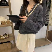韩系V领毛衣拼接蕾丝针织上衣2025秋款女宽松百搭长袖毛衣套头衫