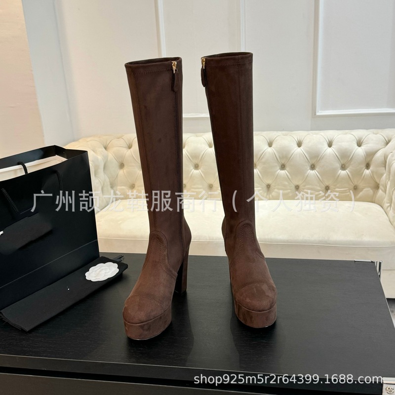 高端2025秋冬小香风真皮圆头防水台粗高跟侧拉链高筒显瘦弹力长靴|undefined