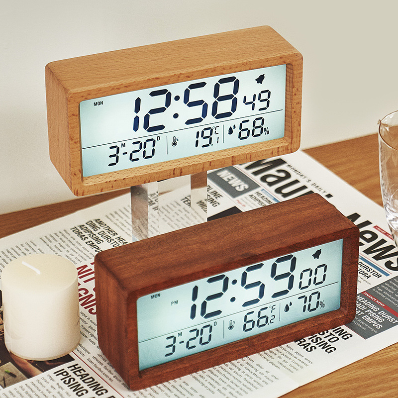 New Solid Wood Clock Simple Temperature and Humidity 1906 Clock Luminous Bedside Clock Large Screen Creative Wooden Alarm Clock