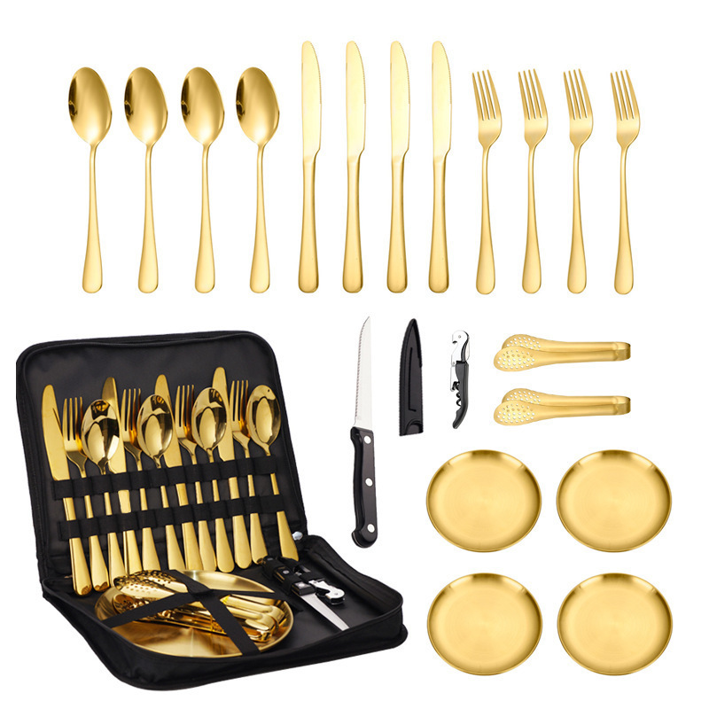Amazon Stainless Steel Cutlery Set Outdoor Camping Western-Style Steak Knife, Fork, Spoon, Cloth Bag Travel Set for Four People