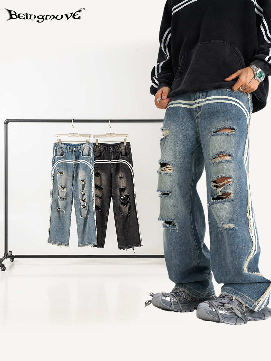 2025 cuatro estaciones de estilo americano marca de moda retro tendencia de alta calle hacer viejos pantalones jeans agujeros sueltos de piernas anchas de deslizamiento