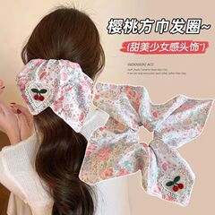 粉色碎花樱桃方巾大肠发圈女2025新款高级感低马尾丸子头发饰头绳