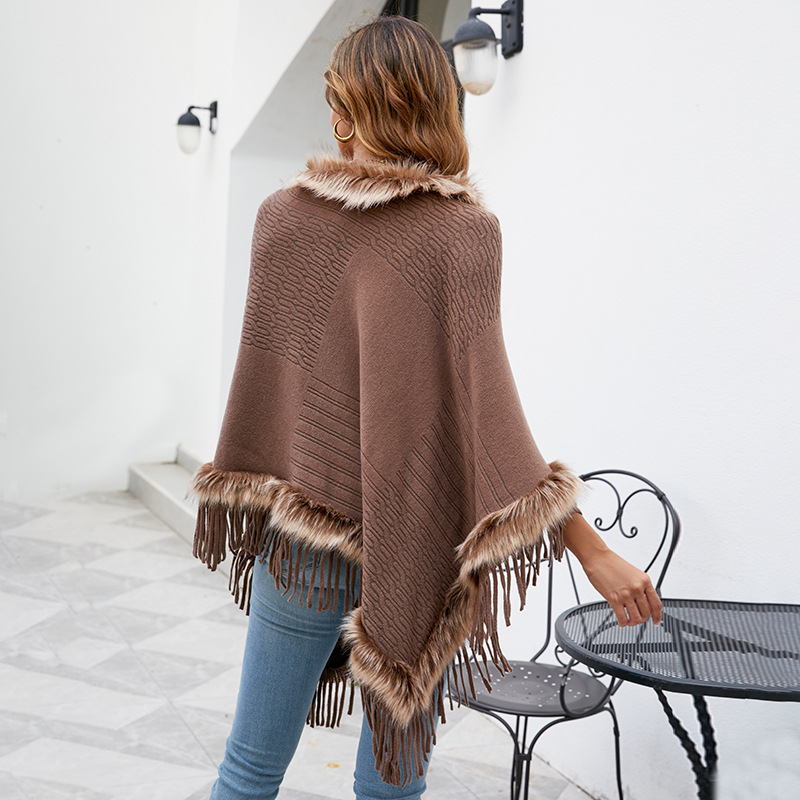 Knitted tassel cape women's solid color pullover loose shawl coat_voghion.com