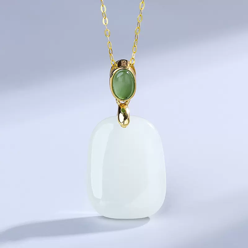 无事牌吊坠 925银镶和田玉项链女款配碧玉平安项坠简约金镶玉首饰