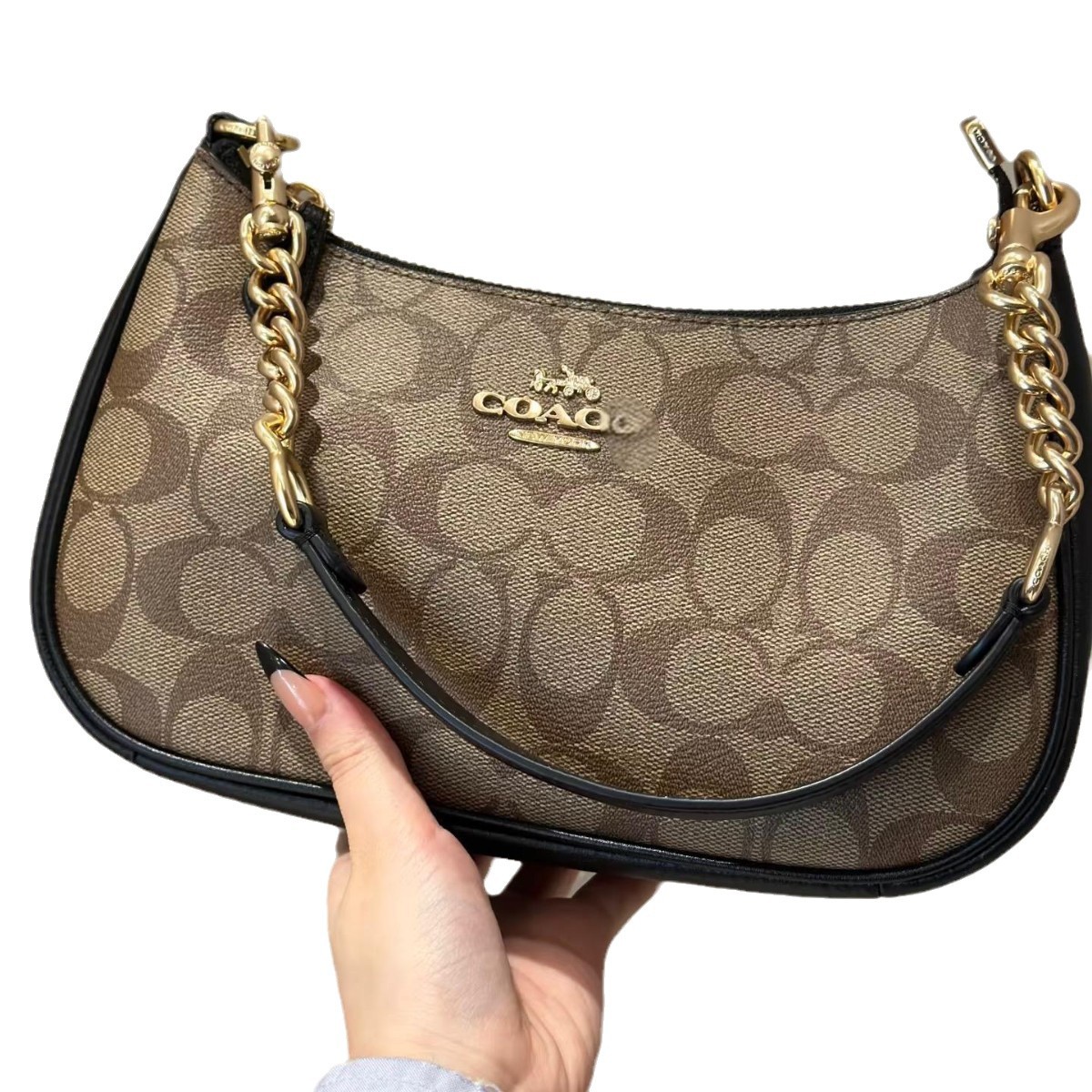 2025 Koujia nuevo bolso de axila de luna nueva Teri bolso de hombro con cremallera con cadena de impresión retro europea y americana