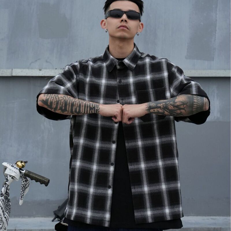 American Large Size Street Dance Thickened Heavy Plaid Cardigan Chicano hiphop Loose oversize Mid-Sleeve Shirt