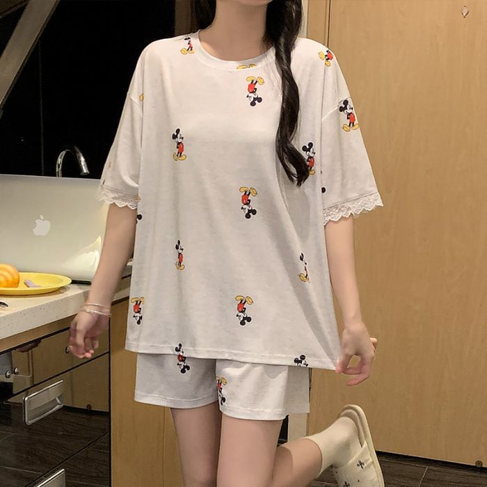 Venta al por mayor transfronteriza verano seda de hielo acanalado cuello redondo Douyin transmisión en vivo pequeño libro rojo moda de moda pijamas de manga corta servicio a domicilio femenino