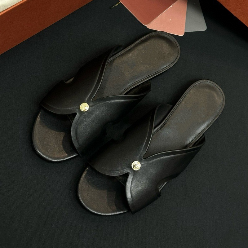 2025LP夏季新款英伦风拖鞋法式复古平底一字拖休闲简约凉鞋