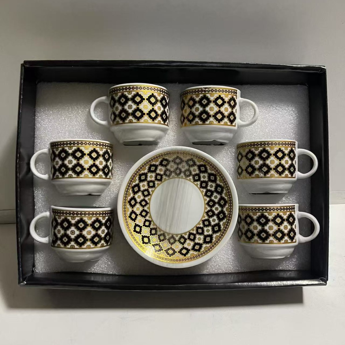 Nuevo conjunto de tazas de café de cerámica europea, tazas de café de estampado transfronterizo, 6 tazas de café de Oriente Medio, 6 platos de café de la tarde