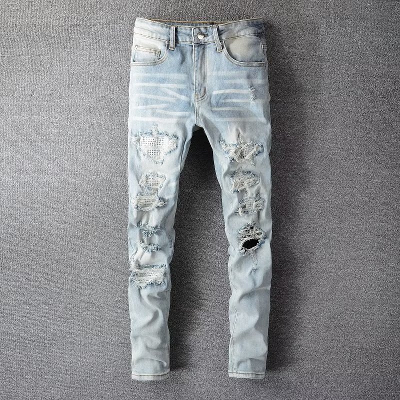 Härekleeder 2024 Stretchjeans Hären Summer Dënn Modell Lächer Broderie Slim Fit Hellfaarweg villfälteg laang Hosen_voghion.com
