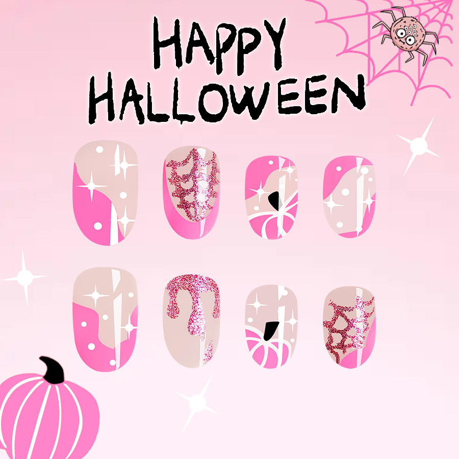 Halloween False Nails With Glitter Pumpkin And Star Designs_voghion.com