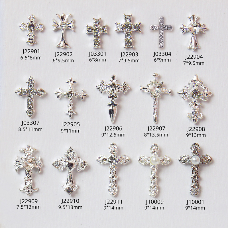 Silver nail art Chrome Hearts accessories, small decorative pieces, cross-shaped diamond-encrusted metal nail accessories, super shiny alloy Silver nail art Chrome Hearts accessories, small decorative pieces, cross-shaped diamond-encrusted metal nail accessories, super shiny alloy