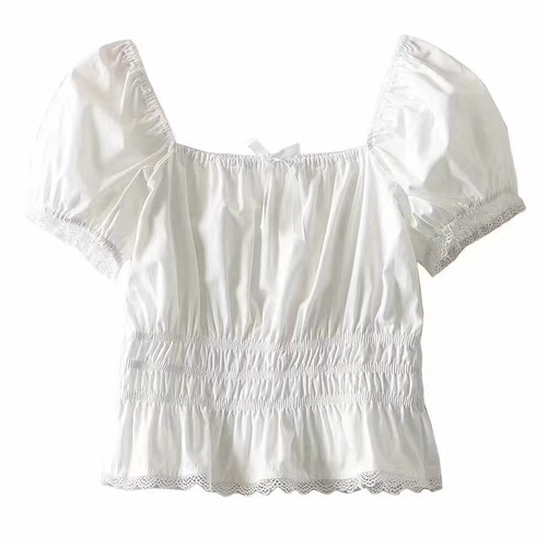 2025 Summer Women's Korean-style Sweet Short Waist-Slimming Niche-Design Bubble Sleeve Off-Shoulder Shirt